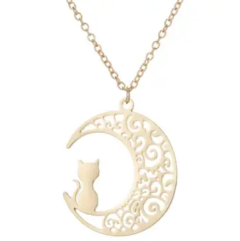 

Stainless Steel Cute Cat Moon Pendant Necklace Unique Link Chain Necklace for Kitten Romantic Jewelry for Women