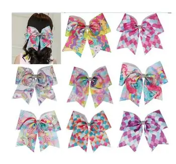 

16pcs 7.5inch mermaid scale Cheer Bow Ponytail Holder print Ribbon Hair Bows Cheerleading With Elastic Bands HairBow for Girls