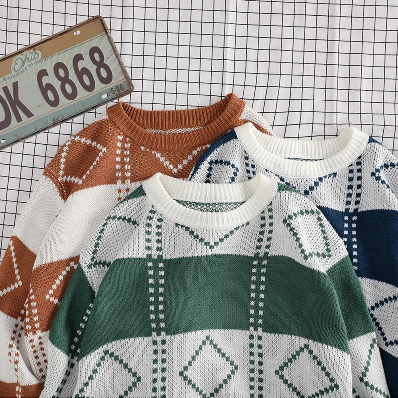 Winter Sweater Men's Warm Fashion Contrast Color Casual Knit Sweaters Man Sweter Clothes Wild Loose Long-sleeved Pullover Men
