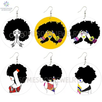 

SOMESOOR AFRO Natural HairTouch Wooden Drop Earrings Curly Black Girl Hiphop Art Designs Both Sides Painted For Women Gifts