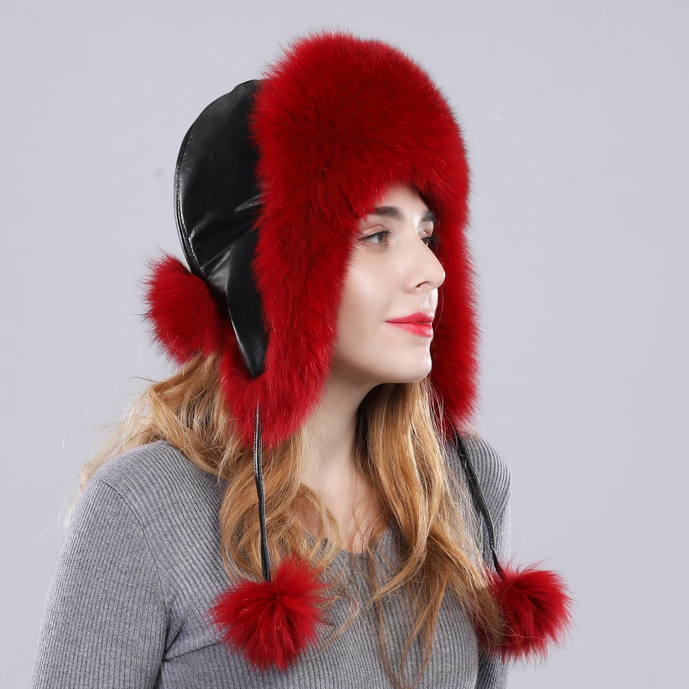 Women real fox fur hat genuine sheepskin leather caps winter warm Ears Fashion Bomber Cap belt new arrival