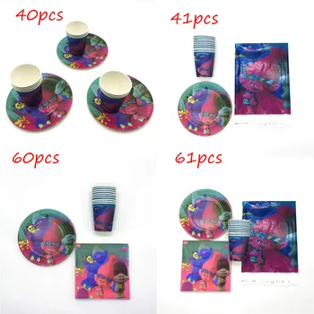 

61pcs/lot Trolls Theme Kids Favors Cartoon Birthday Party Decorations Supplies Trolls Disposable Cup Plate Napkin Tablecloth Set