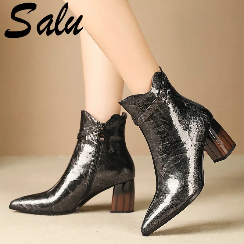 

Salu Autumn Winter Pointed Toe Chelsea Boots Party Office Shoes Woman Cow Leather Women Ankle Boots Elegant Short Boots