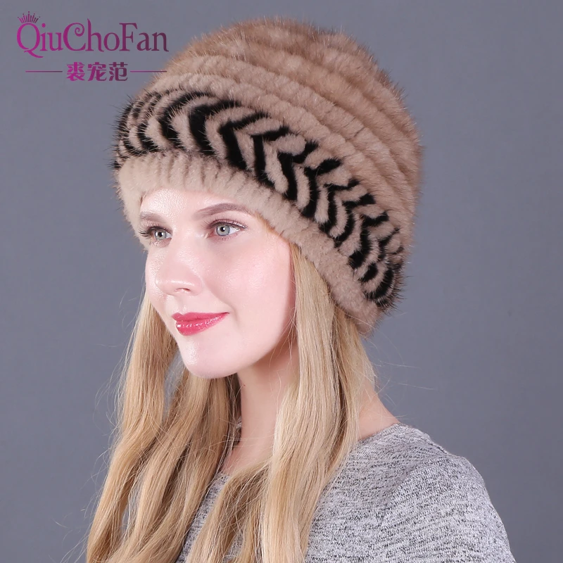 Женские шапки из натуральной норки, зимняя вязаная шапка с ушками, теплая двухцветная шапка, новая модная меховая шапка