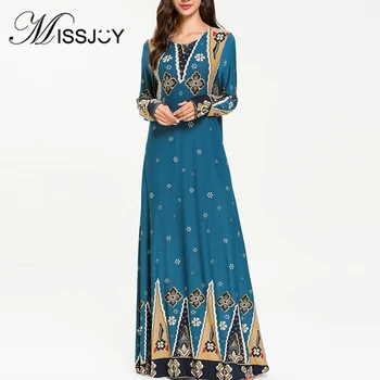

MISSJOY 2019 Plus Size Loose Muslim Dubai Women Dresses Casual Printed Embroidery Abaya O-Neck Long Sleeves Blue Elegant Robe