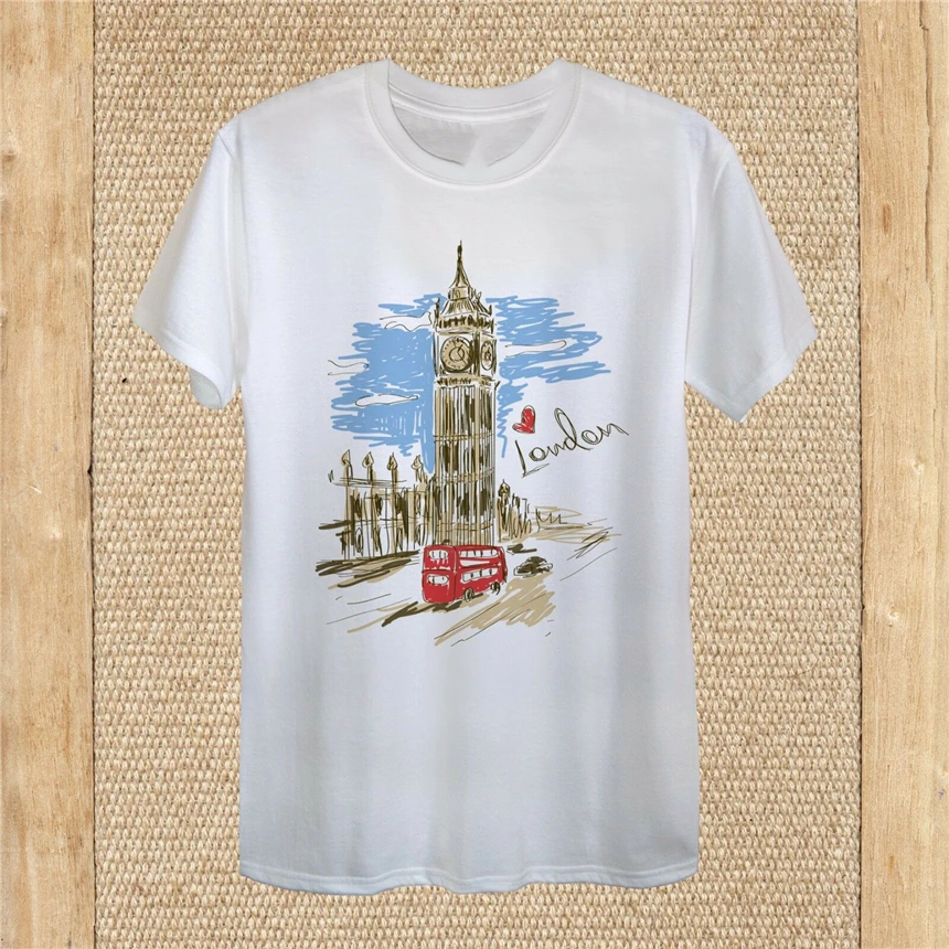 Love London Ldn Big Ben Red Bus футболка дизайнерский карандаш нарисованный хлопок унисекс