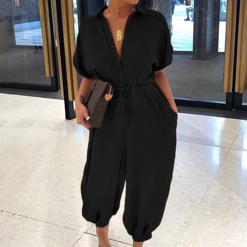 Women Retro Leopard Print Button Jumpsuit Summer V Neck Short Sleeve Playsuit Elegant Office Lady Rompers Beach Overalls Pockets