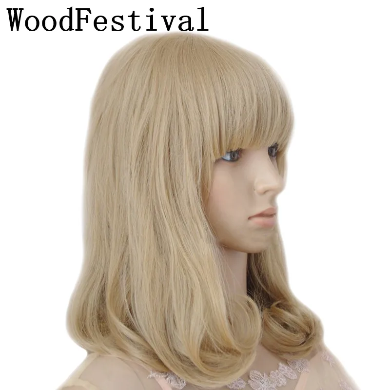 

WoodFestival Women Heat Resistant Short Wigs with bangs Wavy Synthetic Cosplay Wig