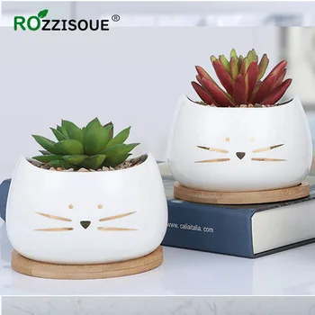 

Creative Small Pots Cute Cat Face Succulent Flower Pot with Bamboo Tray Gardening Pots for Flowers White Ceramic Planter Pot
