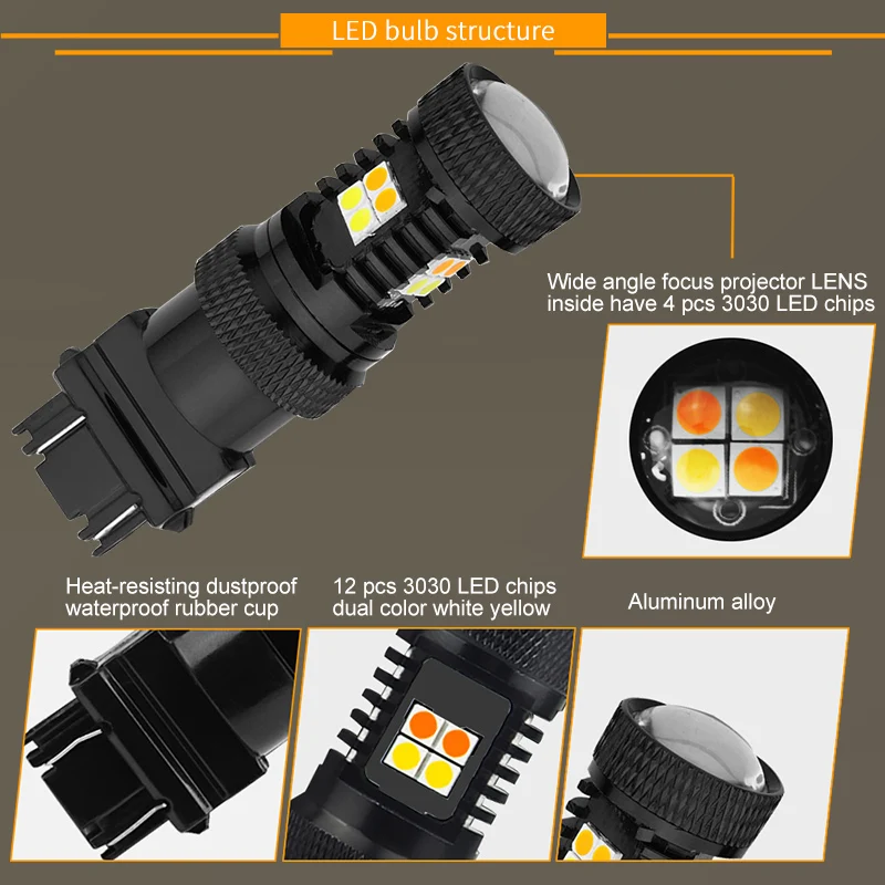 2 шт. 3157 светодиодный лампочка T20 T25 белый Янтарный переключатель авто светодиодные лампы DRL двойной цвет светодиодный указатель поворота 3030 SMD P27 3057 12 В