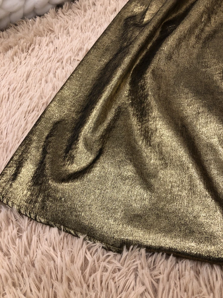 Fashion Tide Spring New Golden Drape Texture Heavy Work Side Zipper Temperament High Waist Pleated Skirt Female PB991