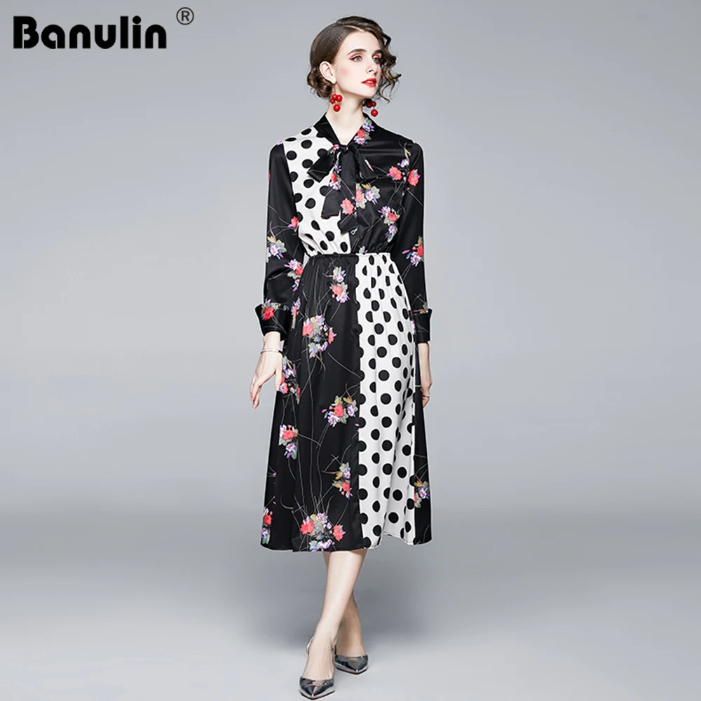 

2020 Spring Fashion Runway Retro Dot Floral Dress Women's Bow Tie Collar Long Sleeve High Elastic Waist Holiday Midi Dress