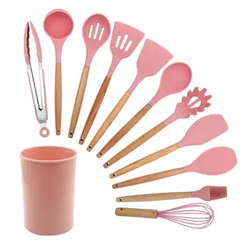 

11pcs Kitchen Utensils Set Cooking Tools With Storage Barrel Scratch Proof Tongs Non Stick Hanging Silicone Spatula Soup Spoon