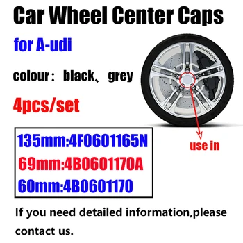 

4pcs/lot 60mm 135mm 69mm black grey car Wheel Center Caps hub covers Emblem Badge for Audi 4B0601170A Car Accessories