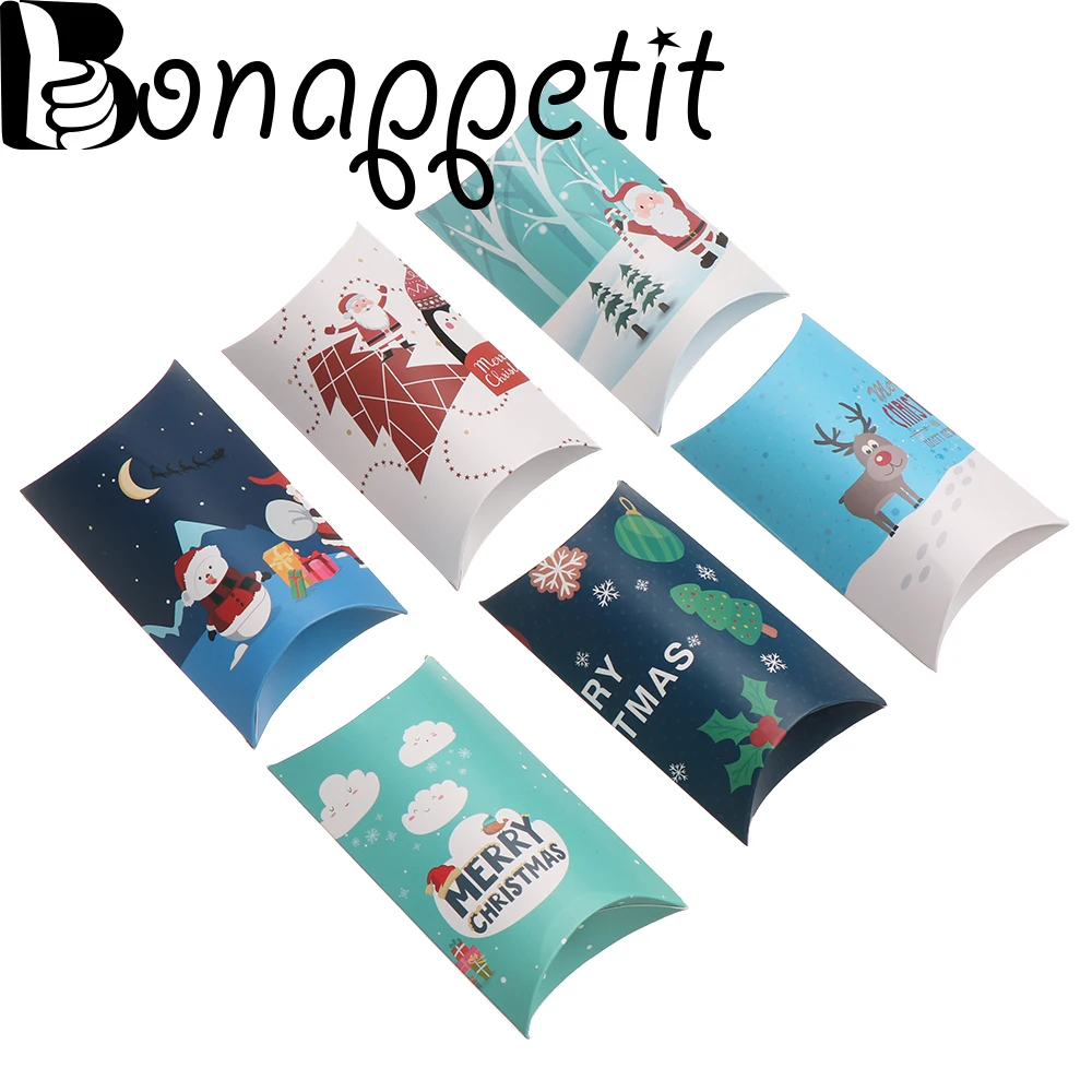 

New 5pcs Christmas Gift Box Pillow Shape Xmas Tree Elk Christmas Gifts Candy Bag Paper Cookies Boxes Party Favors Supplies