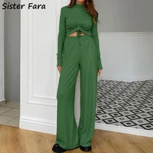 

Sister Fara Autumn Winter Women's 2 Piece Set Turtleneck Knit Sweater+Elastic Waist Drawstring Wide Leg Pants Ladies Casual Suit