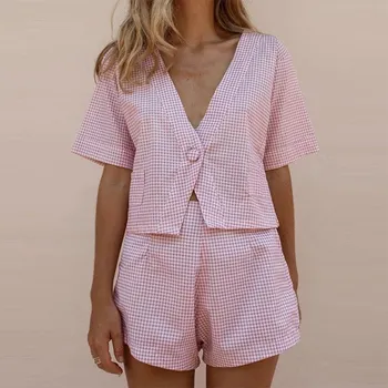 

Casual Women Two Piece Set Short Sleeve V Neck Tops Hight Waist Shorts Slim Plaid Pink Women Two Piece Outfits
