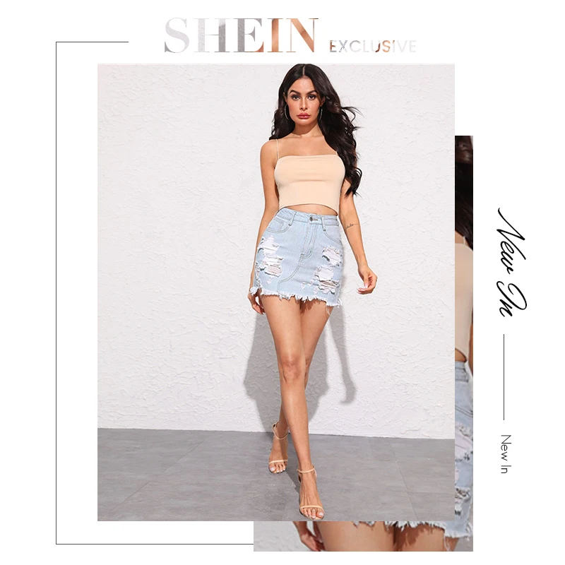 SHEIN пастельный синий Необработанный Край рваные детальные джинсовые юбки женские летние на молнии Fly Bodycon Средняя Талия Повседневная мини юбка-карандаш