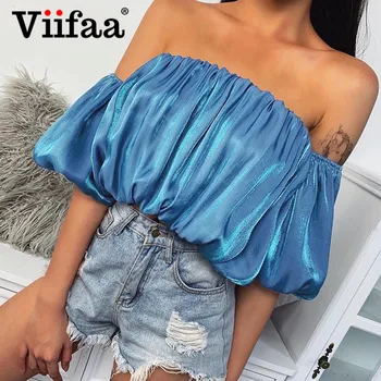 

Viifaa Strapless Sexy Off Shoulder Lantern Sleeve Ruched Blouse Elegant Women Tops Spring Summer Blue Crop Blouses