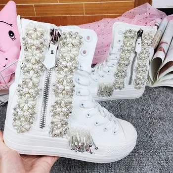 

European station thick-soled inner heightening single shoes high tube rhinestone fringed street canvas shoes women's shoes
