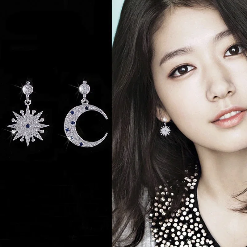 Корейский стиль Звезда Луна асимметричные серьги для женщин Фея проложить горный хрусталь Серебряная игла яркие серьги украшения оптом