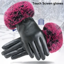 High Quality Faux Rabbit Fur Leather Hand Gloves For Women Winter Warm Leather Gloves Touch Screen Lady Mittens Party