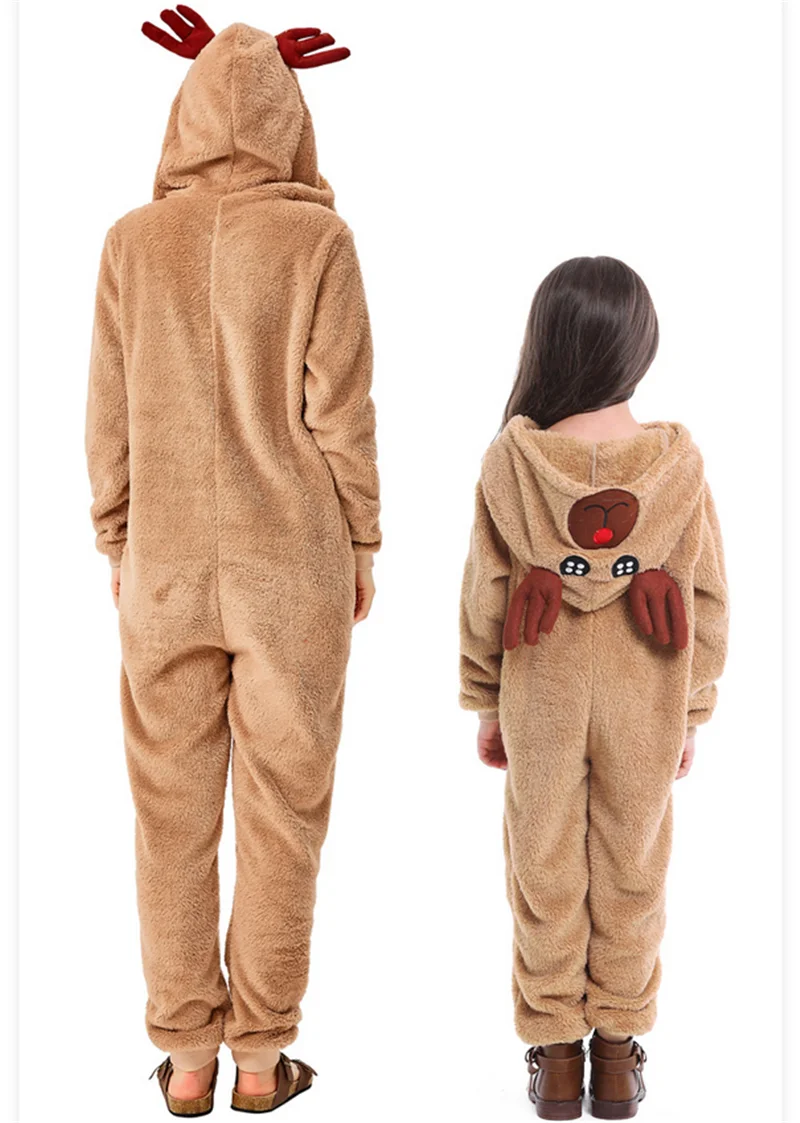 Kids Adult Christmas Reindeer Moose Jumpsuit Costumes Cosplay Animal Elk Ball Party Fancy Dress Parent- Child Reindeer Costume