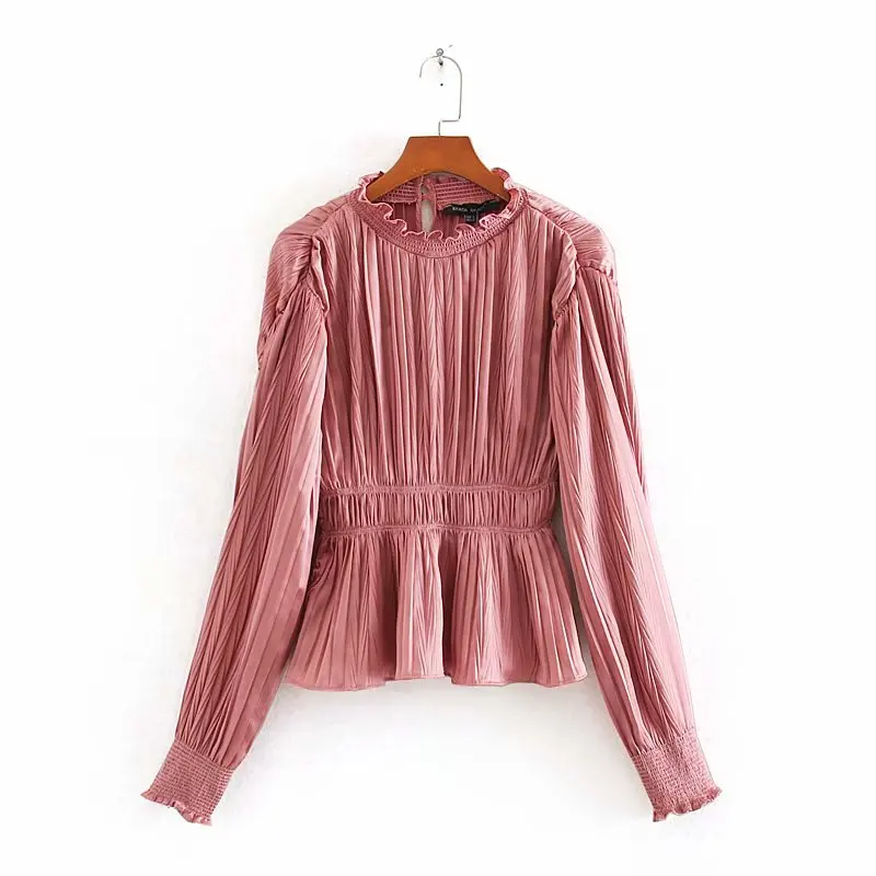  Women stylish solid color casual slim pleated smock blouse office ladies long sleeve shirts chic ag