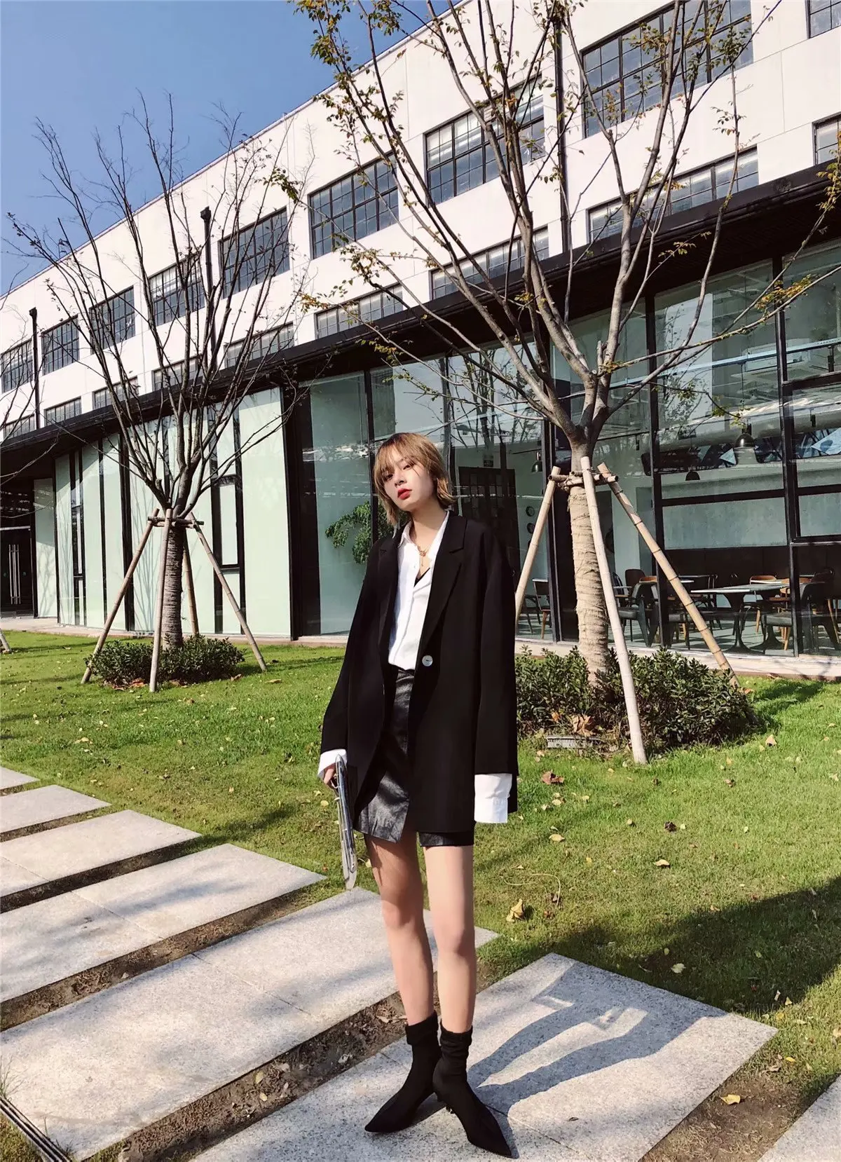 

Western Style 2019 Summer New Style Solid Color Fold-down Collar Button Loose-Fit WOMEN'S Suit Jacket D1323