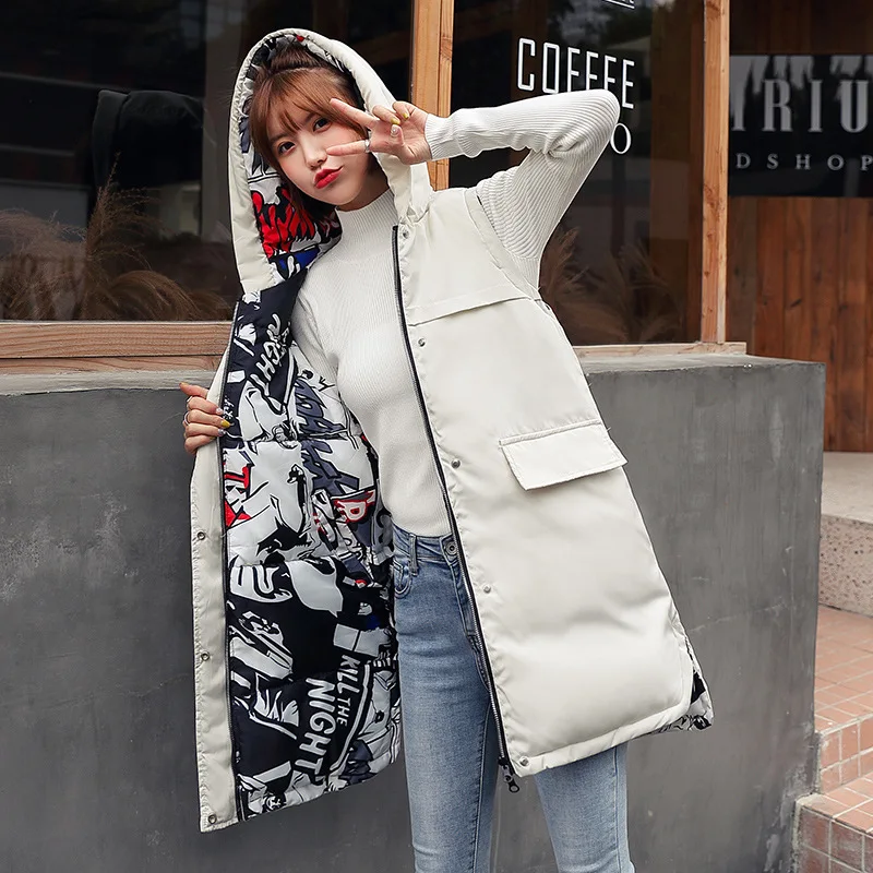 

2019 New Style off Season Mid-length Hooded Versatile Cotton Vest Women's Loose-Fit Reversible Large Size down Cotton Vest Fashi