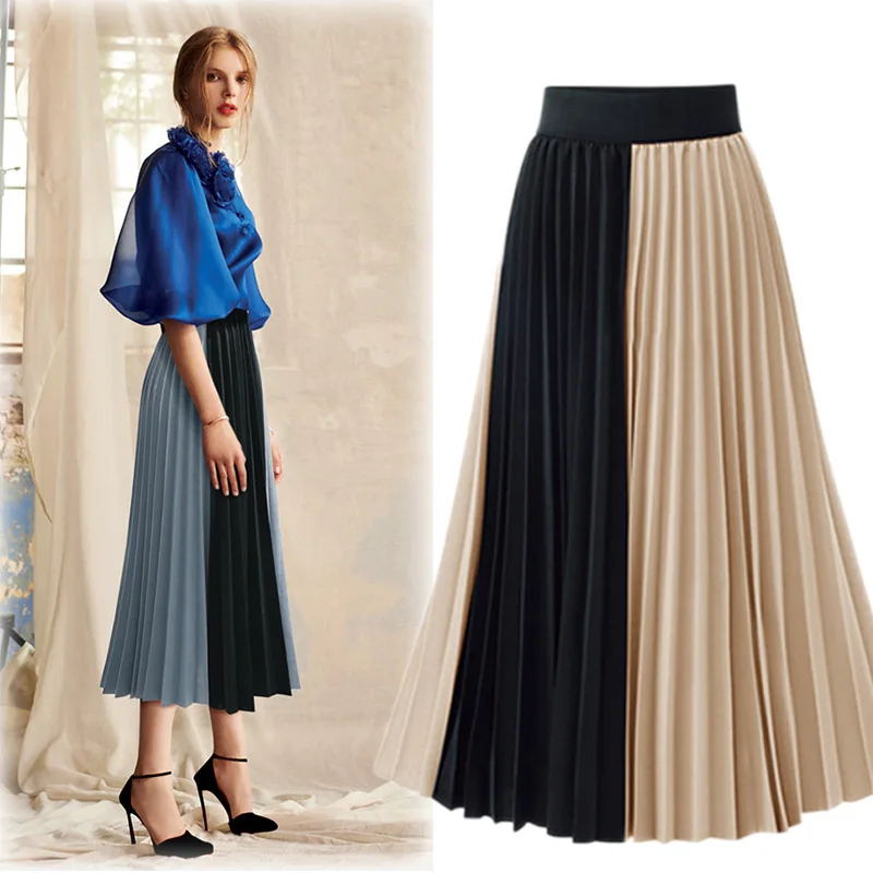 High-waisted Mid-length Mixed Colors Pleated Skirt