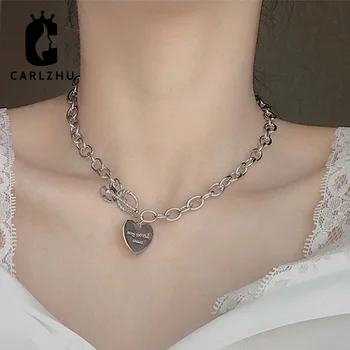 

LOVE YOU MORE Heart Pendant Necklace Women Silver Color Thick Chain Choker Necklaces Neck Collar Gothic Jewelry Valentines Gift