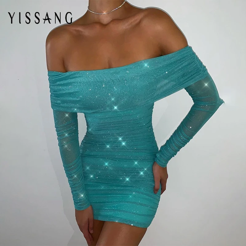 Yissang, элегантное, с открытыми плечами, черное платье, для женщин, двойной слой, сетка, сексуальные, вечерние, с блестками, платье с рюшами, осень, облегающее, мини-платье