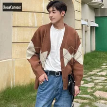 

Autumn Winter Mens New Diamond Lattice Knitted Sweater Male Fashion Loose Single Breasted V-Neck Mixed Colors Sweater Jackets