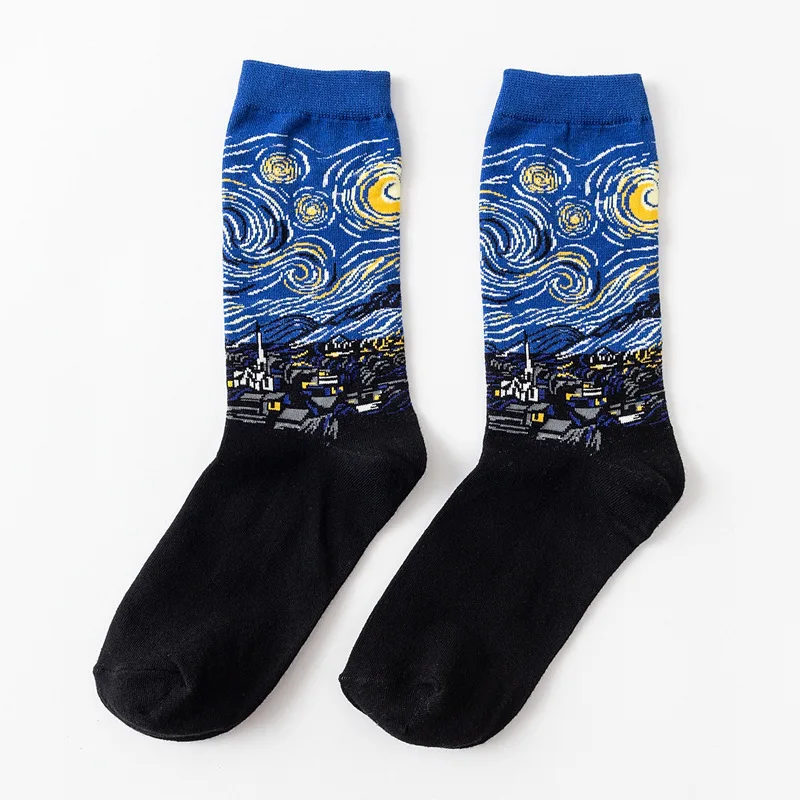 MUXNSARYU/1 пара носков; Мужские Носки с рисунком Моны Лизы; хлопковые носки для мужчин с рисунком Ван Гога, масляной живописи, звездного неба - Цвет: The blue sky