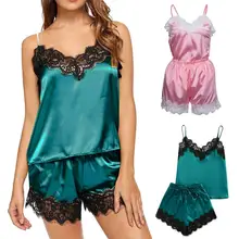 Сексуальные женские пижамы удобные без рукавов Ночная сорочка на бретельках с кружевной отделкой атласные топы для сна комплекты Женская одежда для сна пижамы B4