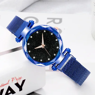 Blue Роскошные часы звездного неба из нержавеющей стали с сетчатым браслетом для женщин, Кристальные Аналоговые кварцевые наручные часы, женские спортивные часы - Цвет: Blue