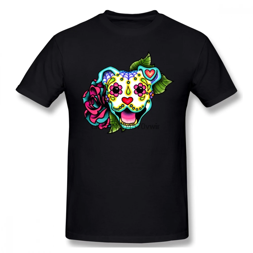 

Amstaff T Shirt Smiling Pit Bull In White Day Of The Dead Pitbull Sugar Skull Dog T-Shirt Cute Male Tee Shirt Beach XXX Tshirt