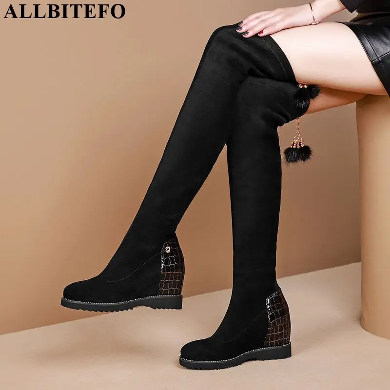 ALLBITEFO/эластичные женские сапоги из флока и овчины; сезон осень-зима; женские сапоги до колена; модные сапоги для девочек с внутренним подъемом