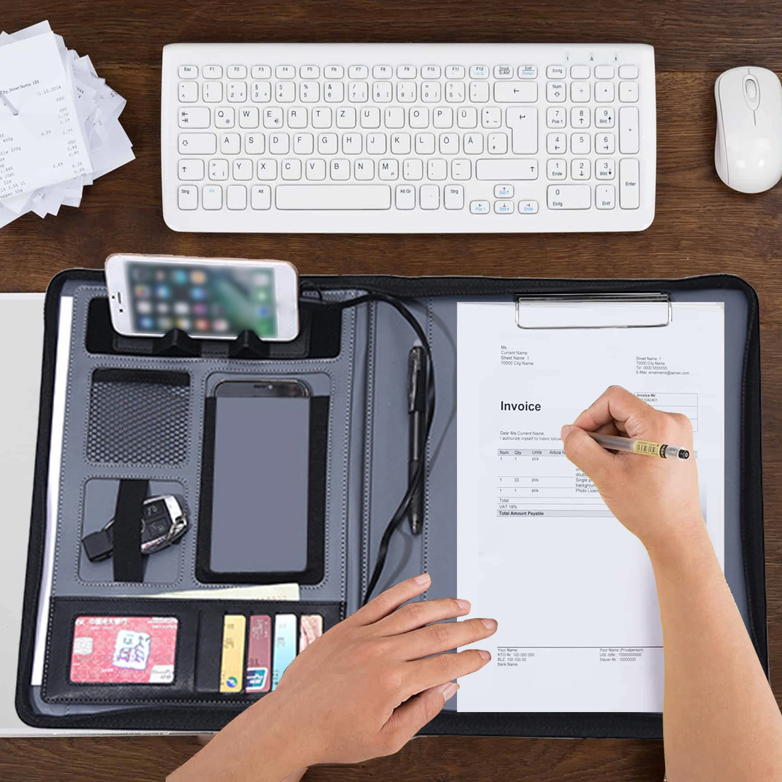 Couro do Plutônio Multifuncional de Carregamento sem Fio Organizador com Calculadora Pasta Carteira Padfolio Notebook 8000mah Power Bank a4 5 Material escolar e de escritório