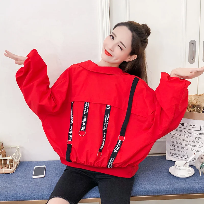 

Modern Fashion Casual basic jacket coat Autumn 2019 New street satin bomber Red jacket Women reversible baseball jackets sukajan