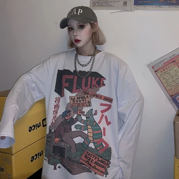 

2019 Spring Autumn Women Korea Style Oversized Harajuku Easy Match Loose Size Long Sleeve Cotton Cartoon Printed O Neck T-shirt