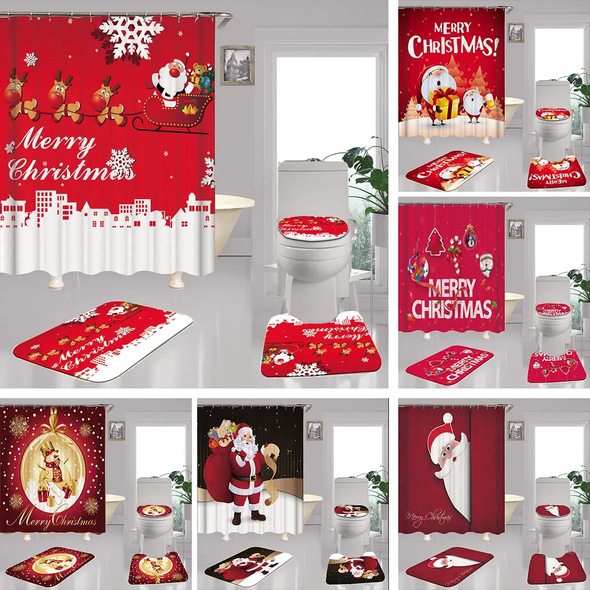 RedSantaClausPrintedChristmasShowerCurtainSetwithBathMatAnti