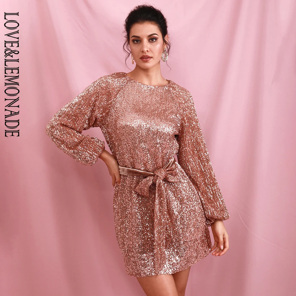 Женское свободное платье LOVE & LEMONADE коричневое Плиссированное мини с рукавами