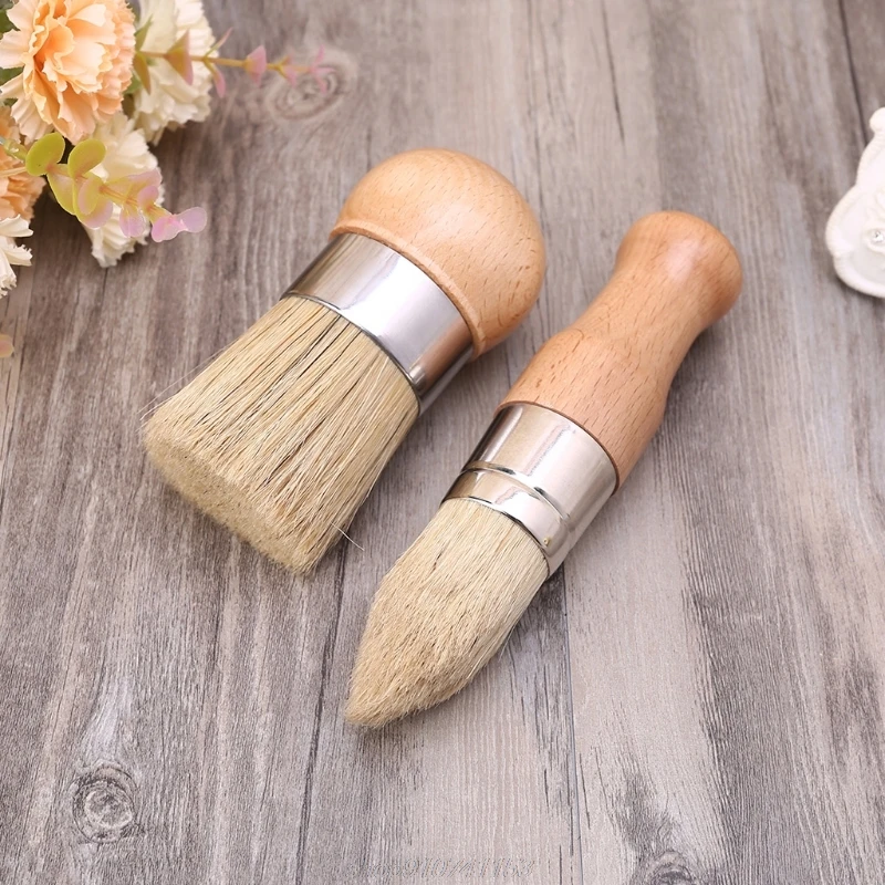 2Pcs/Set Round and Pointed Chalk Paint Wax Brush Ergonomic Handle Natural Bristle Brushes Furniture Paint A14 21