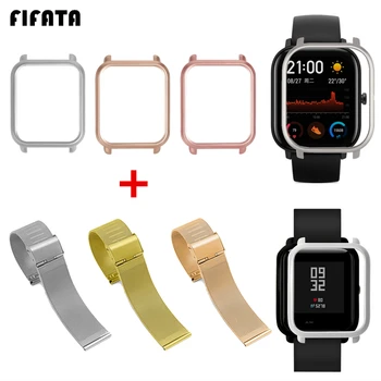 

FIFATA PC Protective Cover+Watch Strap For Huami Amazfit BIP/GTS Watch Stainless Wristband Metal Bracelet+Plastic Case 2in1 Pack