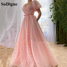 Sodigne vestido de baile, rosa, linha a, bolinhas, decote colher, manga curta, vestido formal, tule com laço, pregas, vestidos de noite