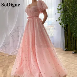 SoDigne Pink A-Line Polka Dots Prom Dress Scoop Neck Short Sleeve Formal Gown Tulle with Bow Pleats Evening Dresses