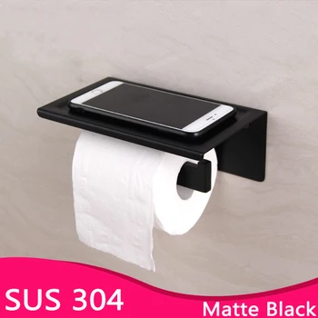 

Toilet Paper Holder Black with Shelf Aluminum Bathroom Paper Towel Holder Wall Mount Roll Paper Holder Mobile Phone Storage 304