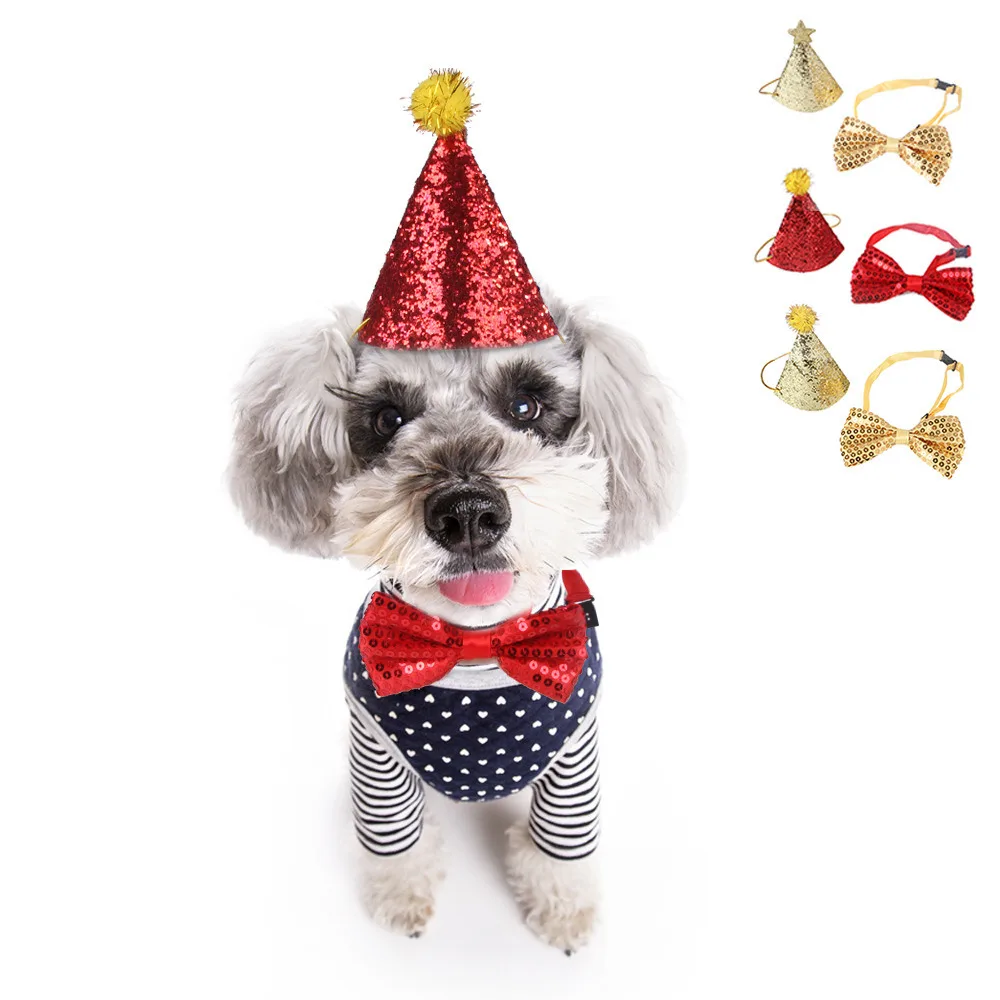 

Birthday Hat Bow Tie For Small Cat Dog Teddy Gold Red Ties Pet Party Pet Accessories